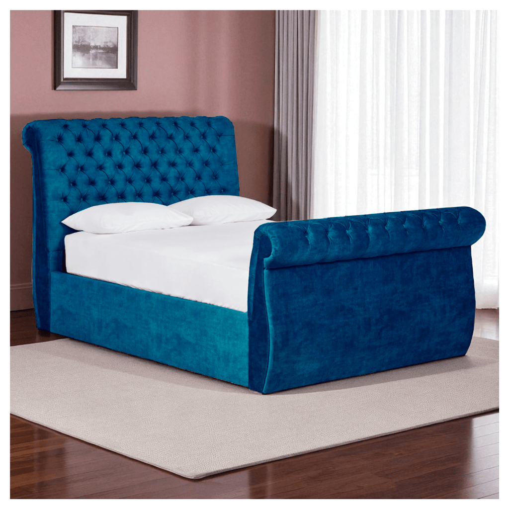 Grand Velvet Scroll Sleigh Bed