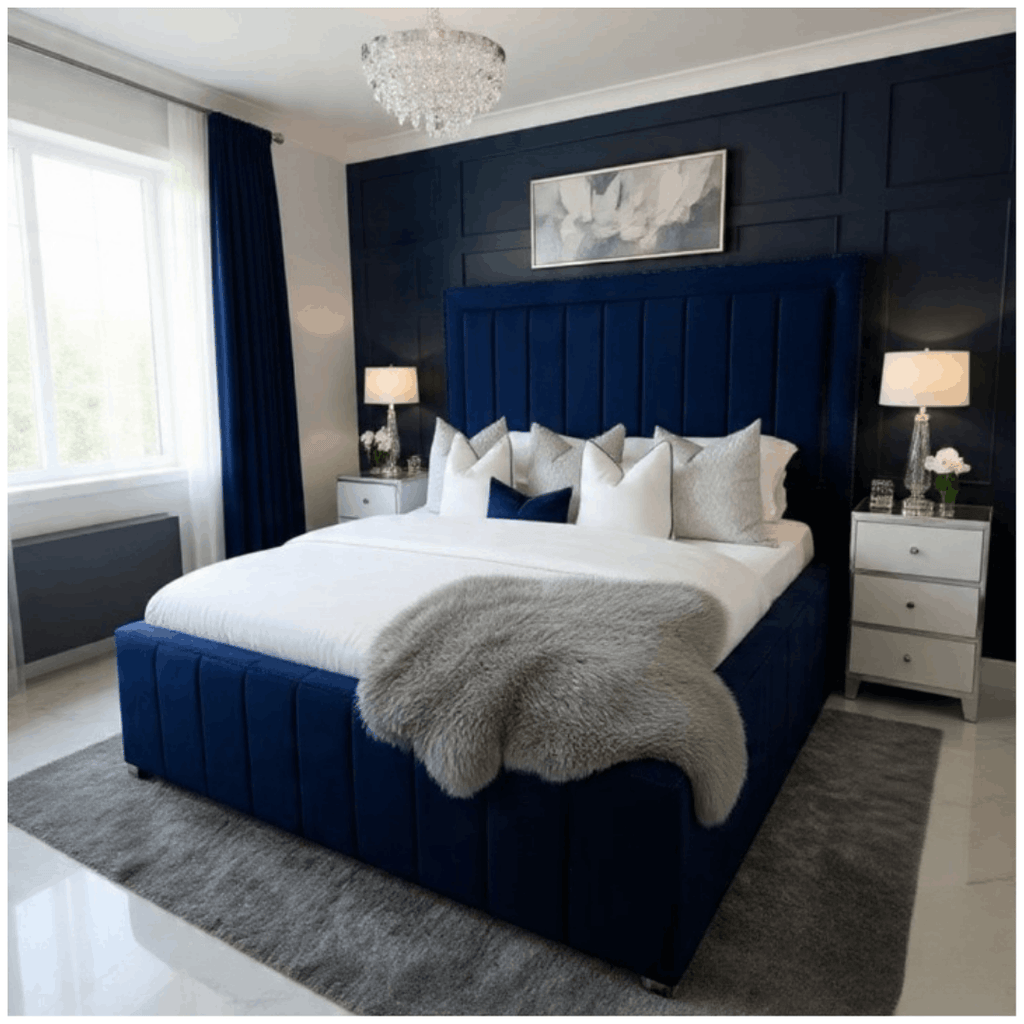 Luxurious Plush Velvet Bordered Panel Bed with Ottoman Storage