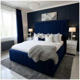 Luxurious Plush Velvet Bordered Panel Bed with Ottoman Storage