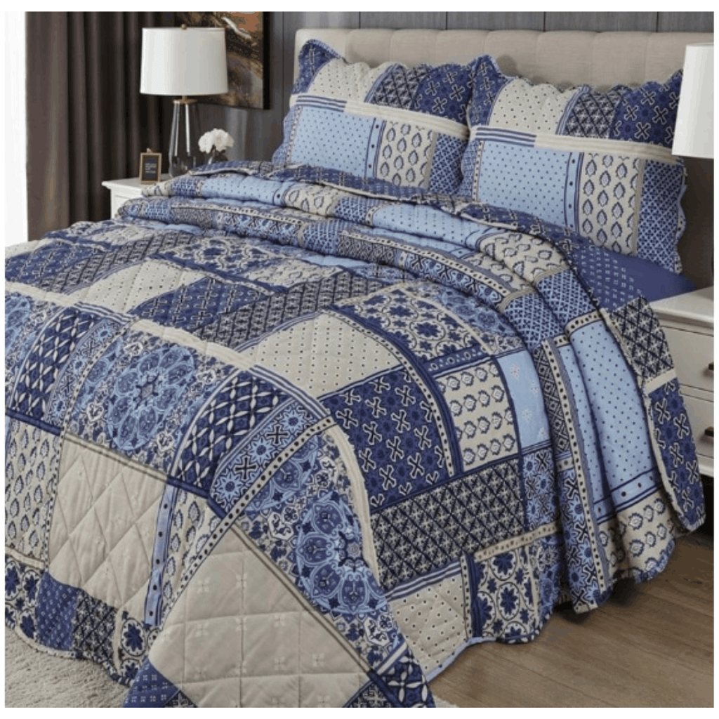 Luxury 3 Piece Quilted Patchwork Bedspread