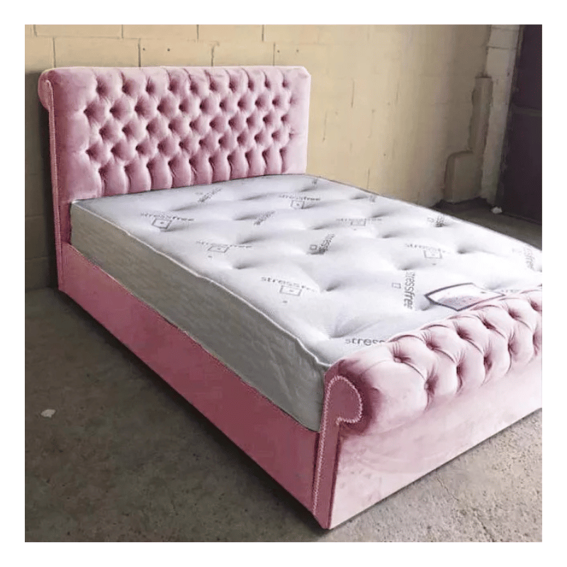 Luxury Plush Velvet Sleigh Scroll Bed with Gas Lift Storage