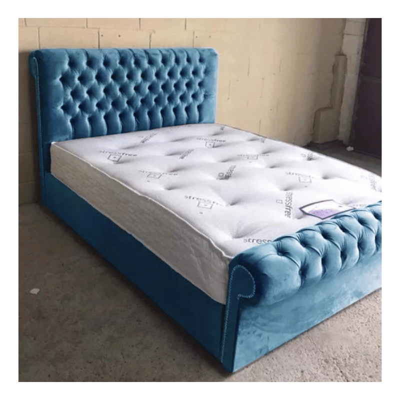 Luxury Plush Velvet Sleigh Scroll Bed with Gas Lift Storage