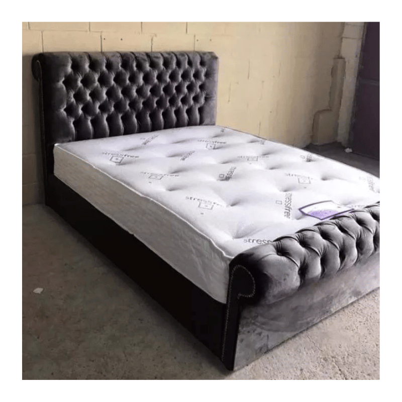 Luxury Plush Velvet Sleigh Scroll Bed with Gas Lift Storage