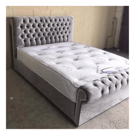 Luxury Plush Velvet Sleigh Scroll Bed with Gas Lift Storage