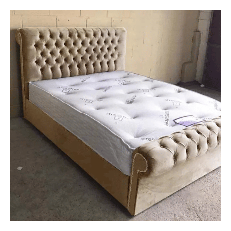 Luxury Plush Velvet Sleigh Scroll Bed with Gas Lift Storage