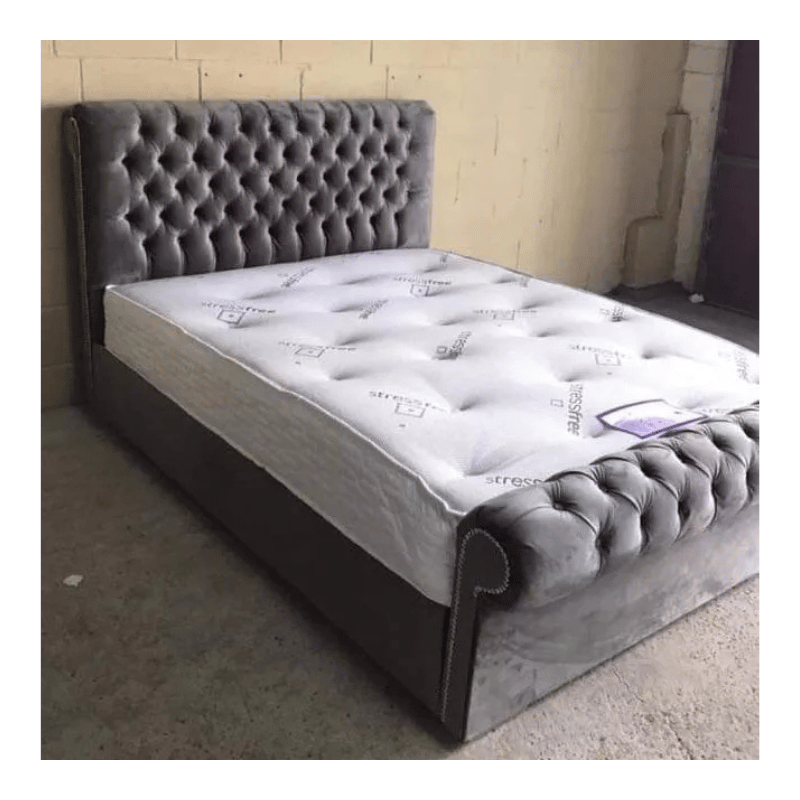 Luxury Plush Velvet Sleigh Scroll Bed with Gas Lift Storage