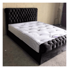 Luxury Plush Velvet Sleigh Scroll Bed with Gas Lift Storage