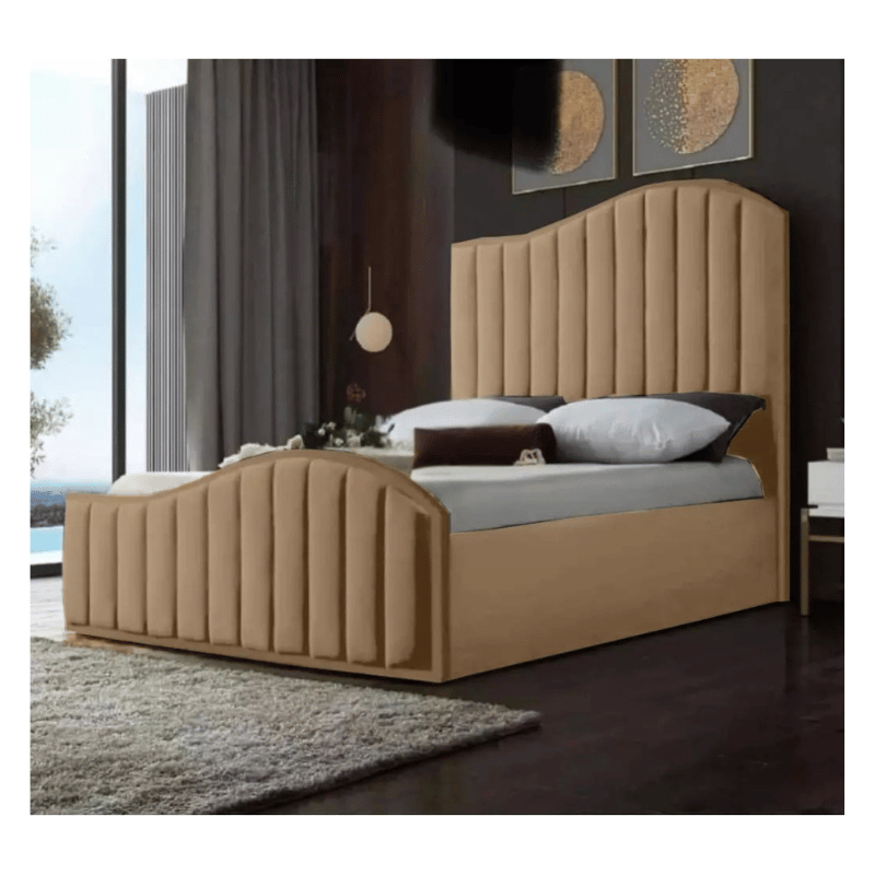 Plush Velvet Fish Panel Bed with Ottoman Gas Lift Storage