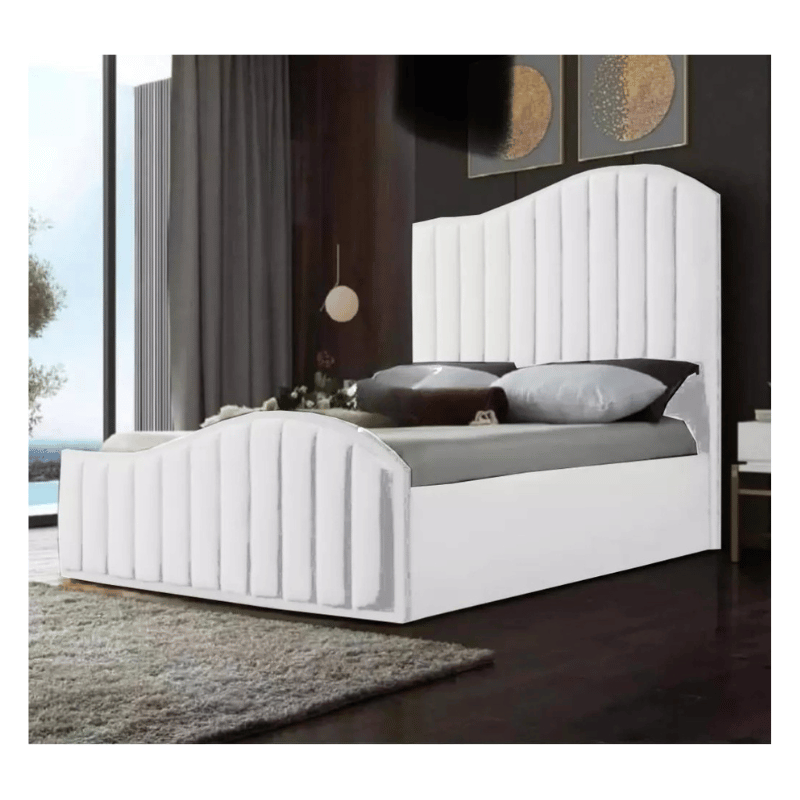 Plush Velvet Fish Panel Bed with Ottoman Gas Lift Storage