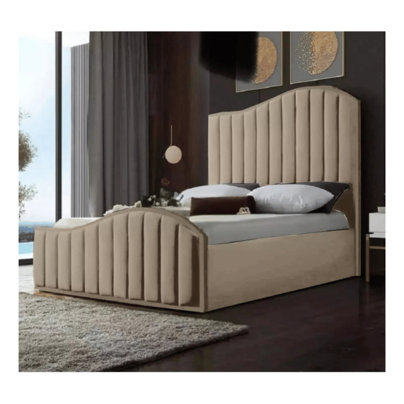 Plush Velvet Fish Panel Bed with Ottoman Gas Lift Storage