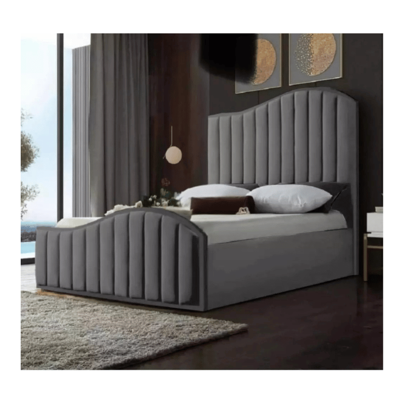 Plush Velvet Fish Panel Bed with Ottoman Gas Lift Storage