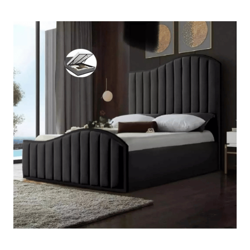 Plush Velvet Fish Panel Bed with Ottoman Gas Lift Storage