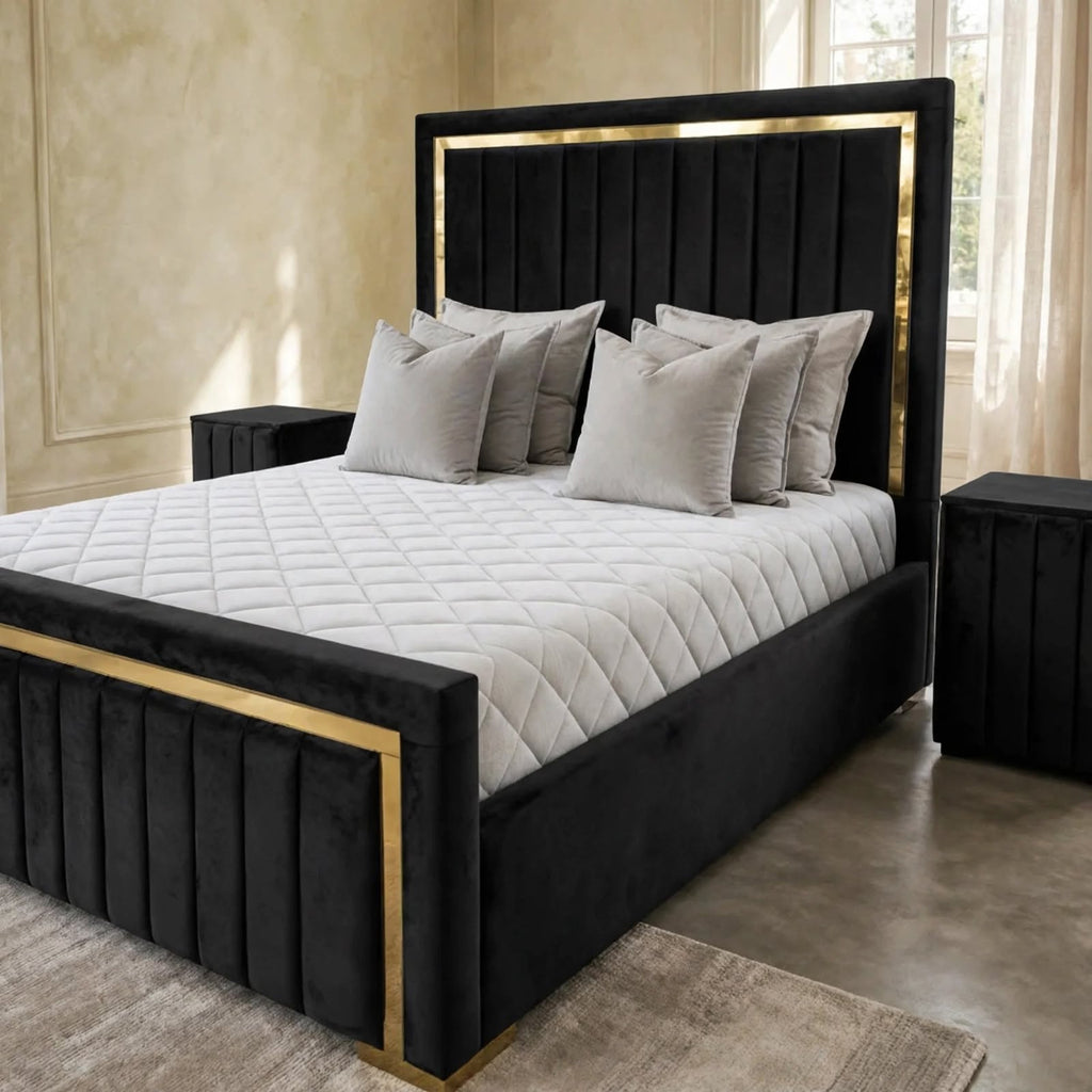 Plush Velvet Milan Panel Bed With Storage & Side Tables