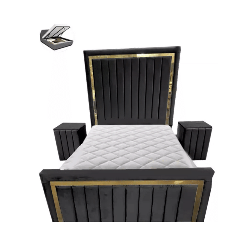 Plush Velvet Milan Panel Bed With Storage & Side Tables