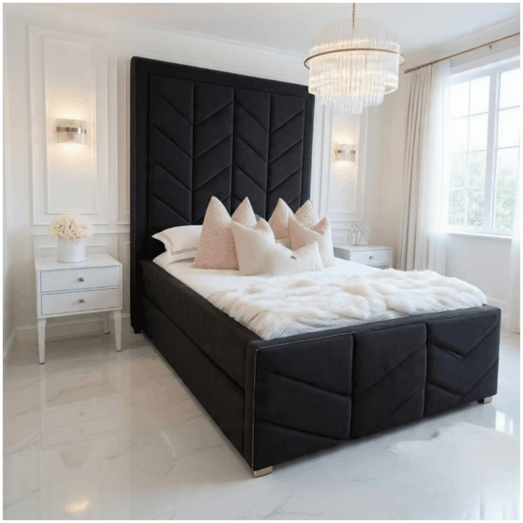 Special Leaf Designer Bed –  90" High Headboard & Optional Storage