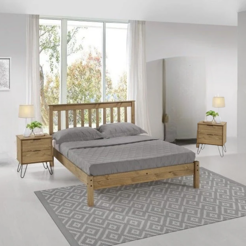 Wooden Bed Frame With Mattress & 2 Side Cabinets