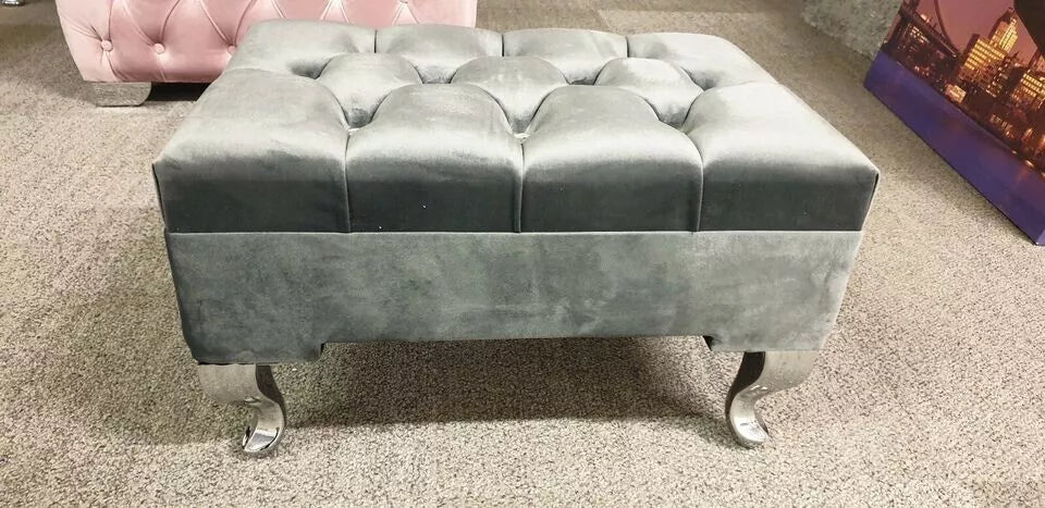 Footstool Pouffe Grey Plush Chesterfield