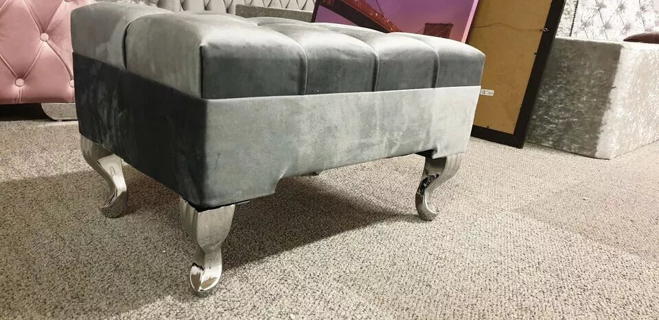 Footstool Pouffe Grey Plush Chesterfield